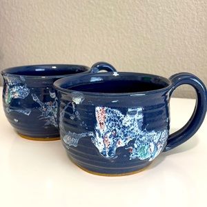 Blue Splatter Painted Ceramic Mug/Bowls, set of two